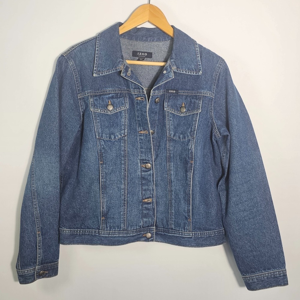 Vintage IZOD Blue Denim Jean Trucker Jacket Women's Size L Classic Button Front - Picture 3 of 11